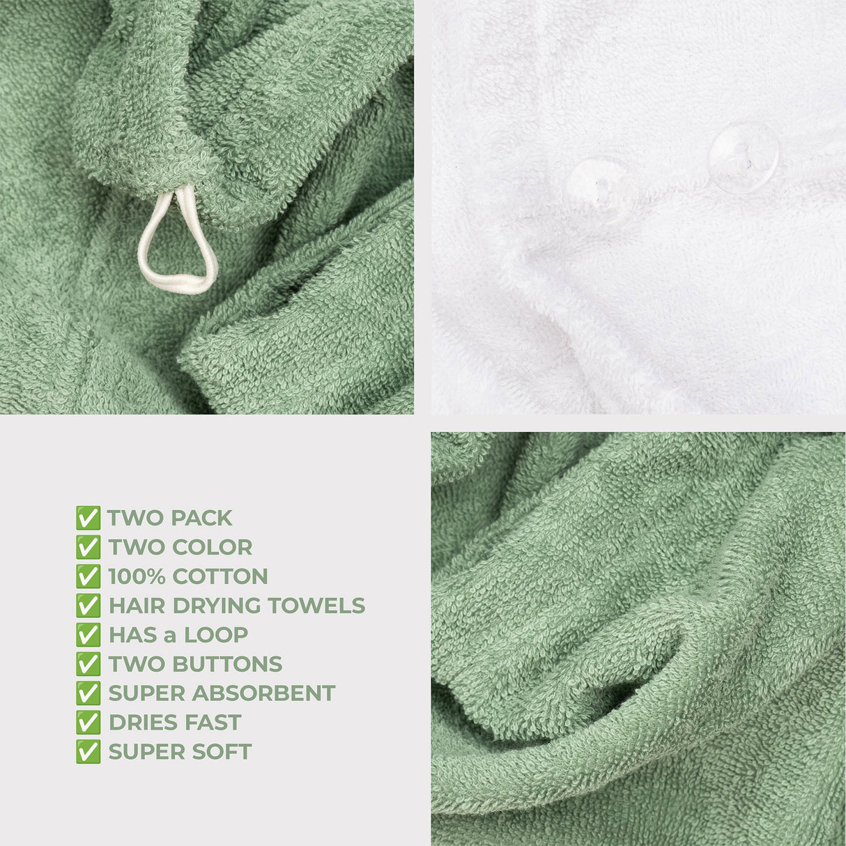 American Soft Linen 100% Cotton Hair Drying Towels for Women, 2 Pack Head Towel Cap