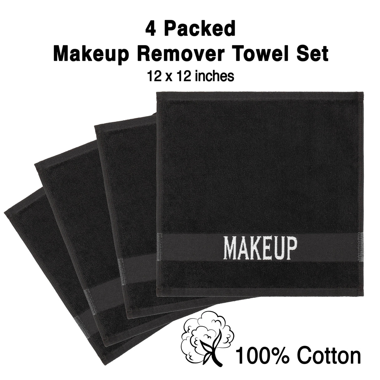 American Soft Linen, Makeup Remover Face Cloth, 100% Cotton Makeup Towels, 4 Packed Face Towels, 12x12 inches, Black - 100 Set Case Pack