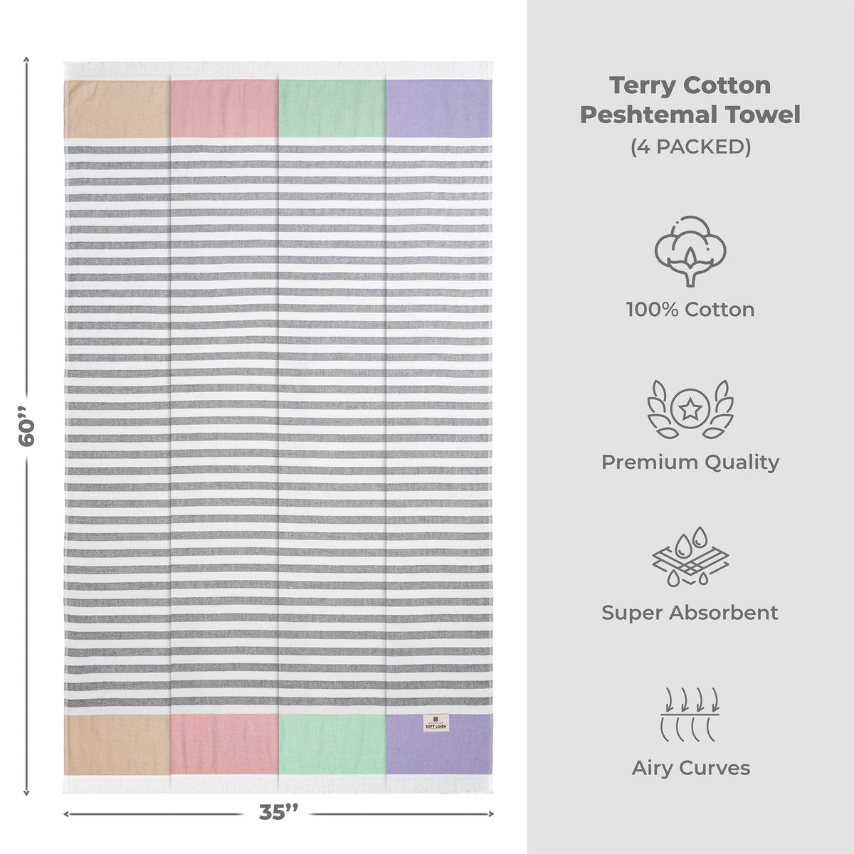 4 Packed Terry Peshtemal and Beach Towel, Mediterranean Collection, 35" x 60",  Modern & Traditional Turkish Towels - 11 Set Case Pack
