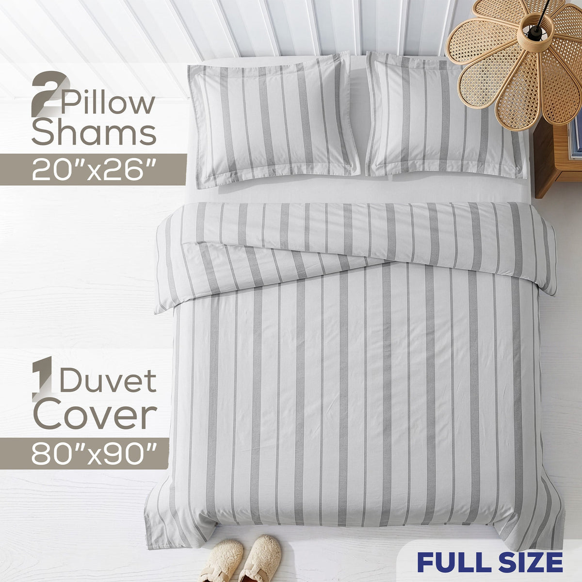 American Soft Linen 100% Washed Cotton Percale Duvet Cover Set – 200TC Yarn-Dyed Striped Bedding with 2 Pillow Shams