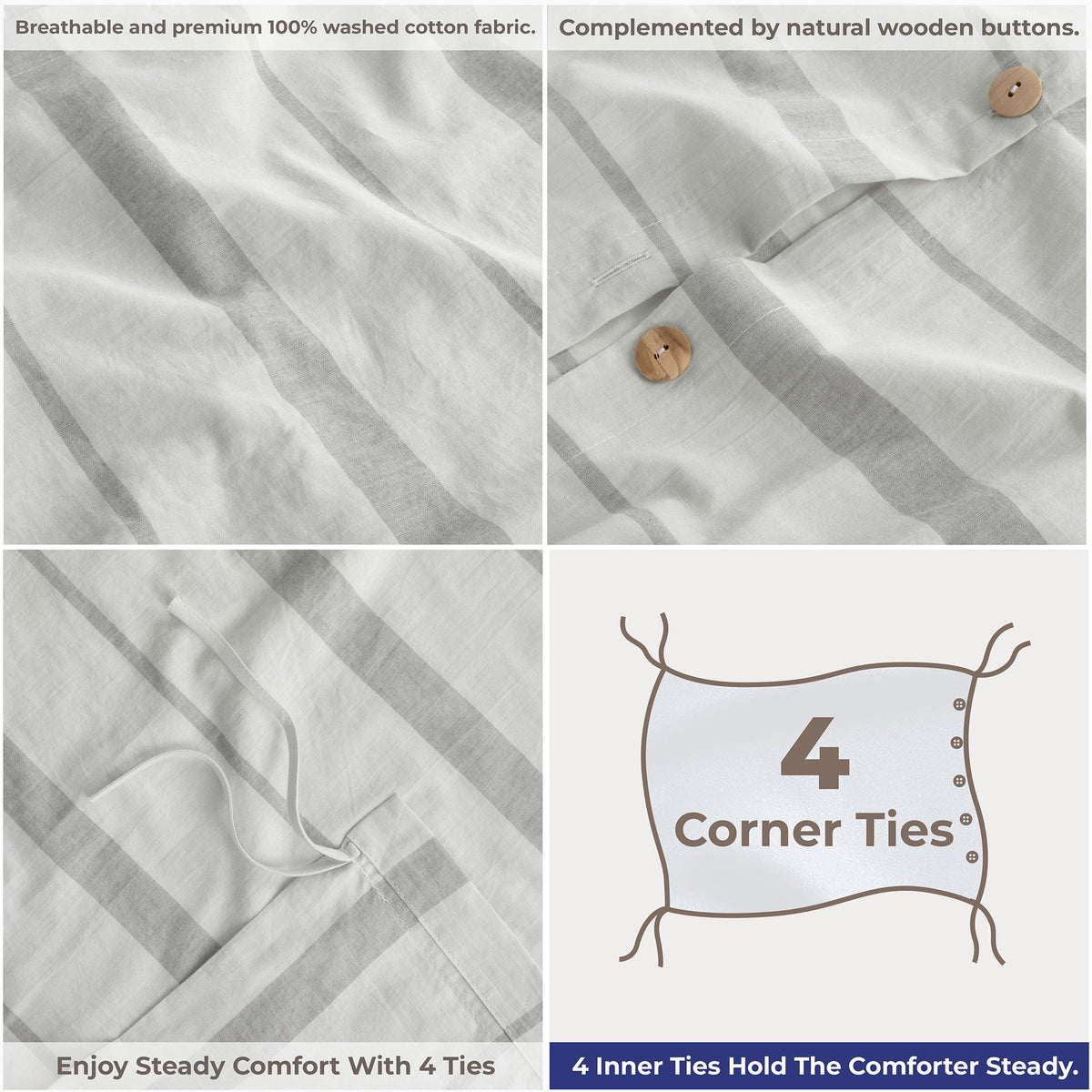 American Soft Linen 100% Washed Cotton Percale Duvet Cover Set – 200TC Yarn-Dyed Striped Bedding with 2 Pillow Shams