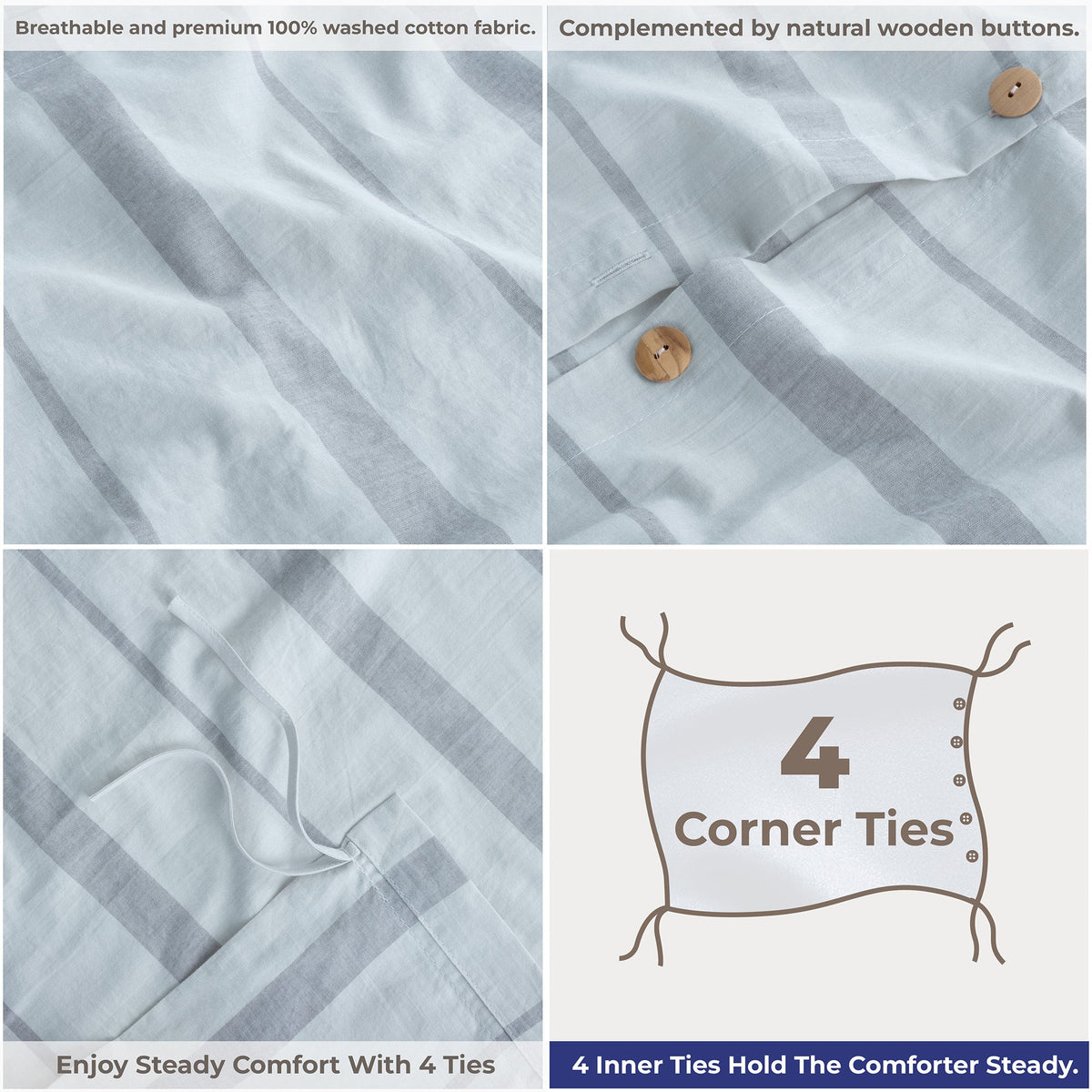 American Soft Linen 100% Washed Cotton Percale Duvet Cover Set – 200TC Yarn-Dyed Striped Bedding with 2 Pillow Shams