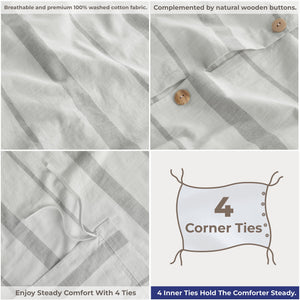 American Soft Linen 100% Washed Cotton Percale Duvet Cover Set – 200TC Yarn-Dyed Striped Bedding with 2 Pillow Shams