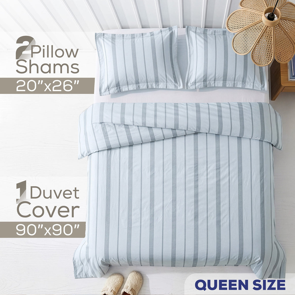 American Soft Linen 100% Washed Cotton Percale Duvet Cover Set – 200TC Yarn-Dyed Striped Bedding with 2 Pillow Shams