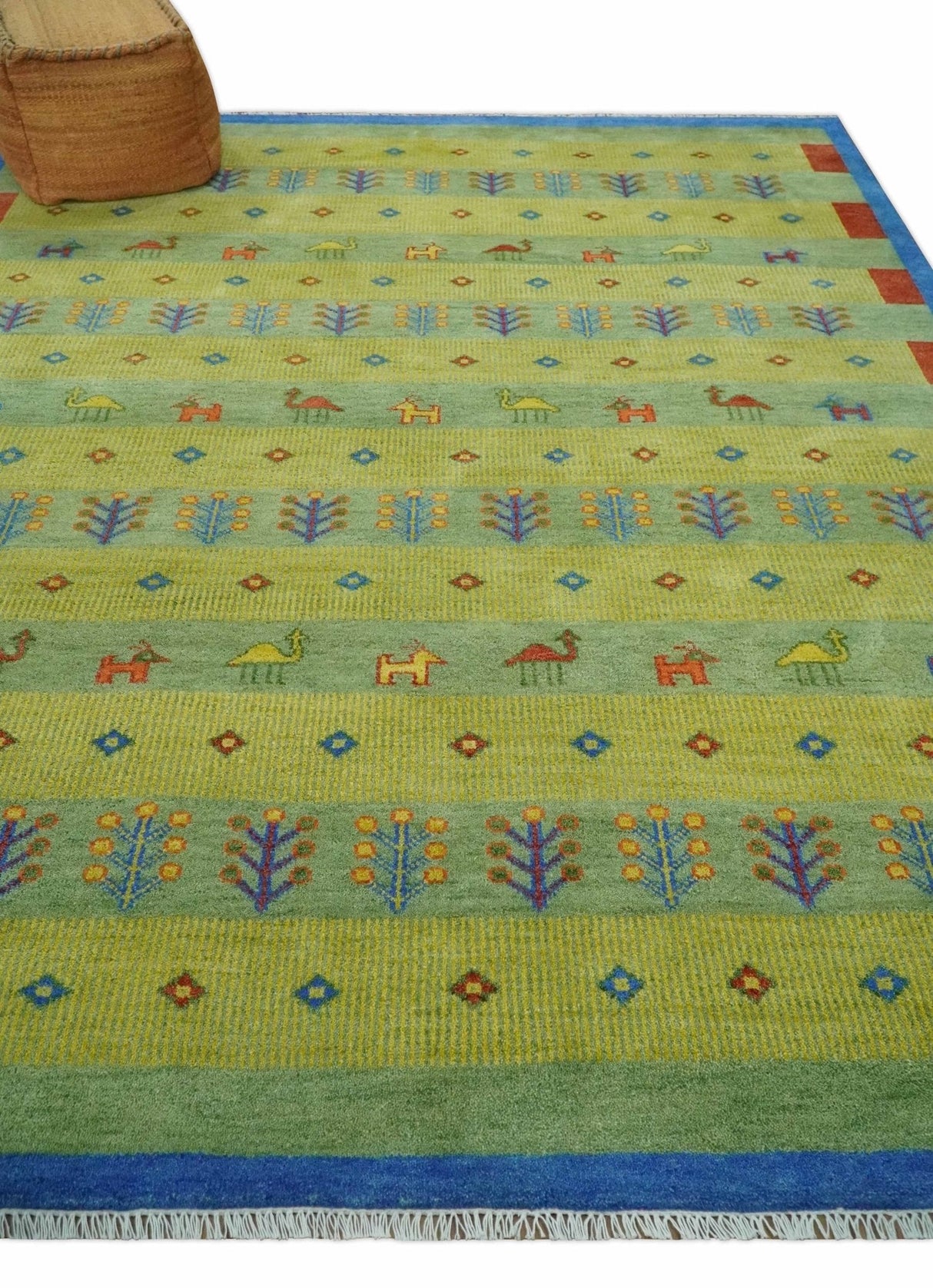 Animal and Tree Life Green, Blue and Rust Hand knotted Traditional 8x10 Wool Area Rug