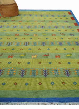 Animal and Tree Life Green, Blue and Rust Hand knotted Traditional 8x10 Wool Area Rug