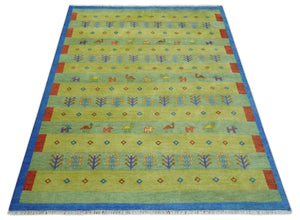 Animal and Tree Life Green, Blue and Rust Hand knotted Traditional 8x10 Wool Area Rug