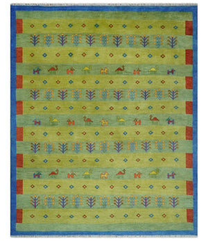 Animal and Tree Life Green, Blue and Rust Hand knotted Traditional 8x10 Wool Area Rug