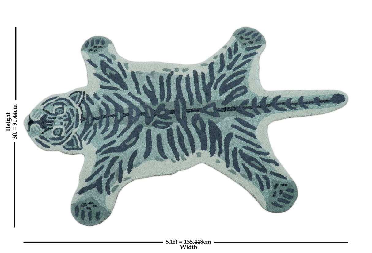 Animal Tiger Blue Hand Tufted 3x5 Wool Area Rug