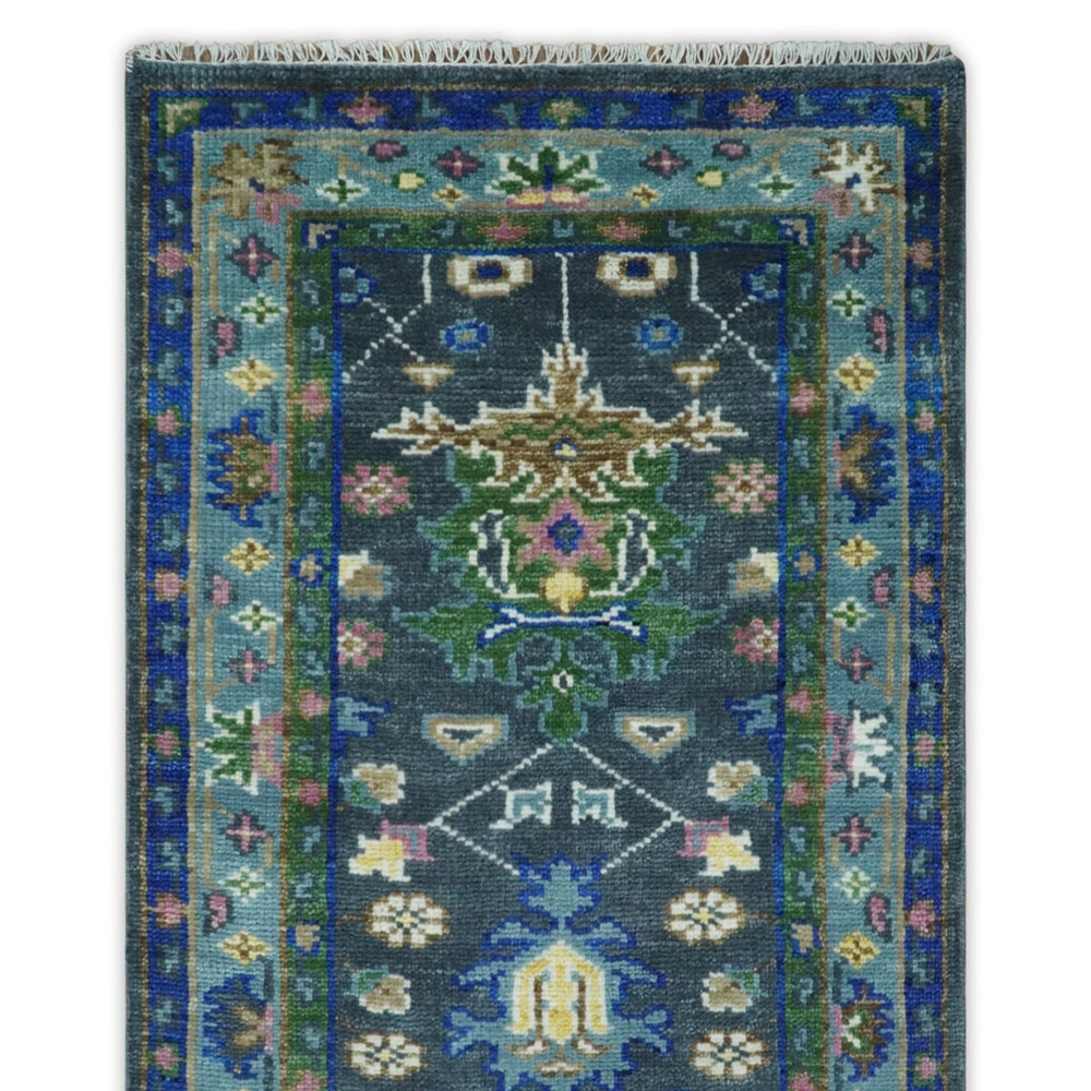 Custom Made Runner Charcoal, Green And Blue Turkish Design Hand Knotted Wool Rug