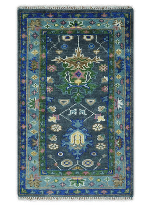 Custom Made Runner Charcoal, Green And Blue Turkish Design Hand Knotted Wool Rug