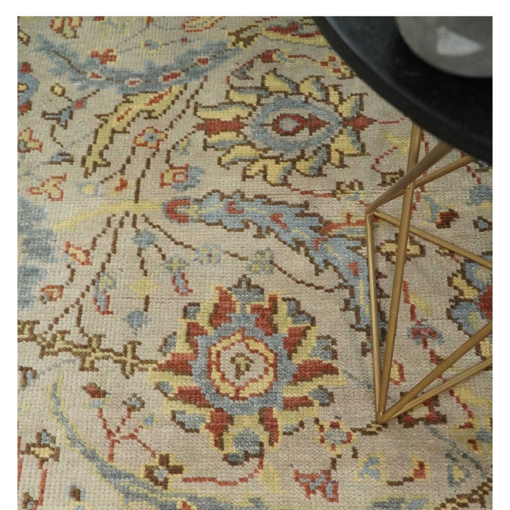 Custom Made Beige, Rust and Blue Traditional Style Hand Knotted Wool Area Rug