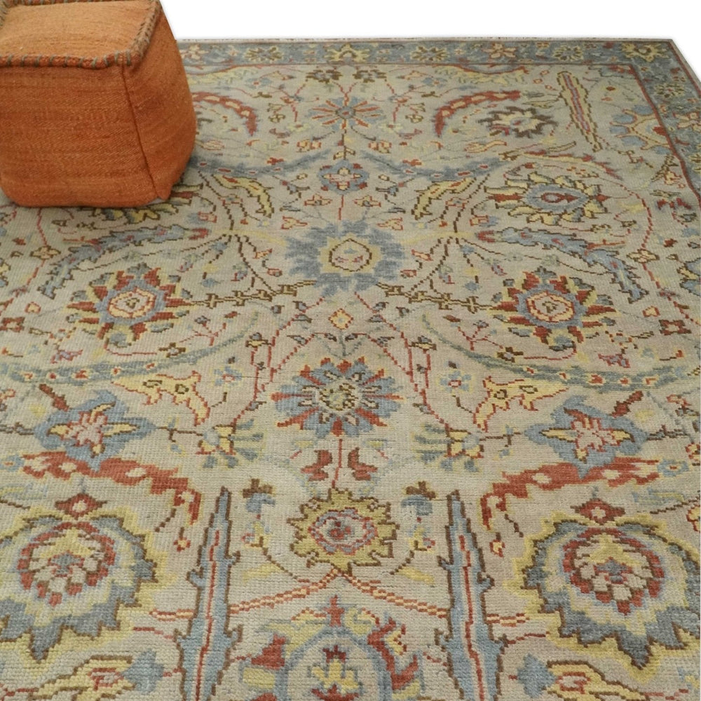 Custom Made Beige, Rust and Blue Traditional Style Hand Knotted Wool Area Rug