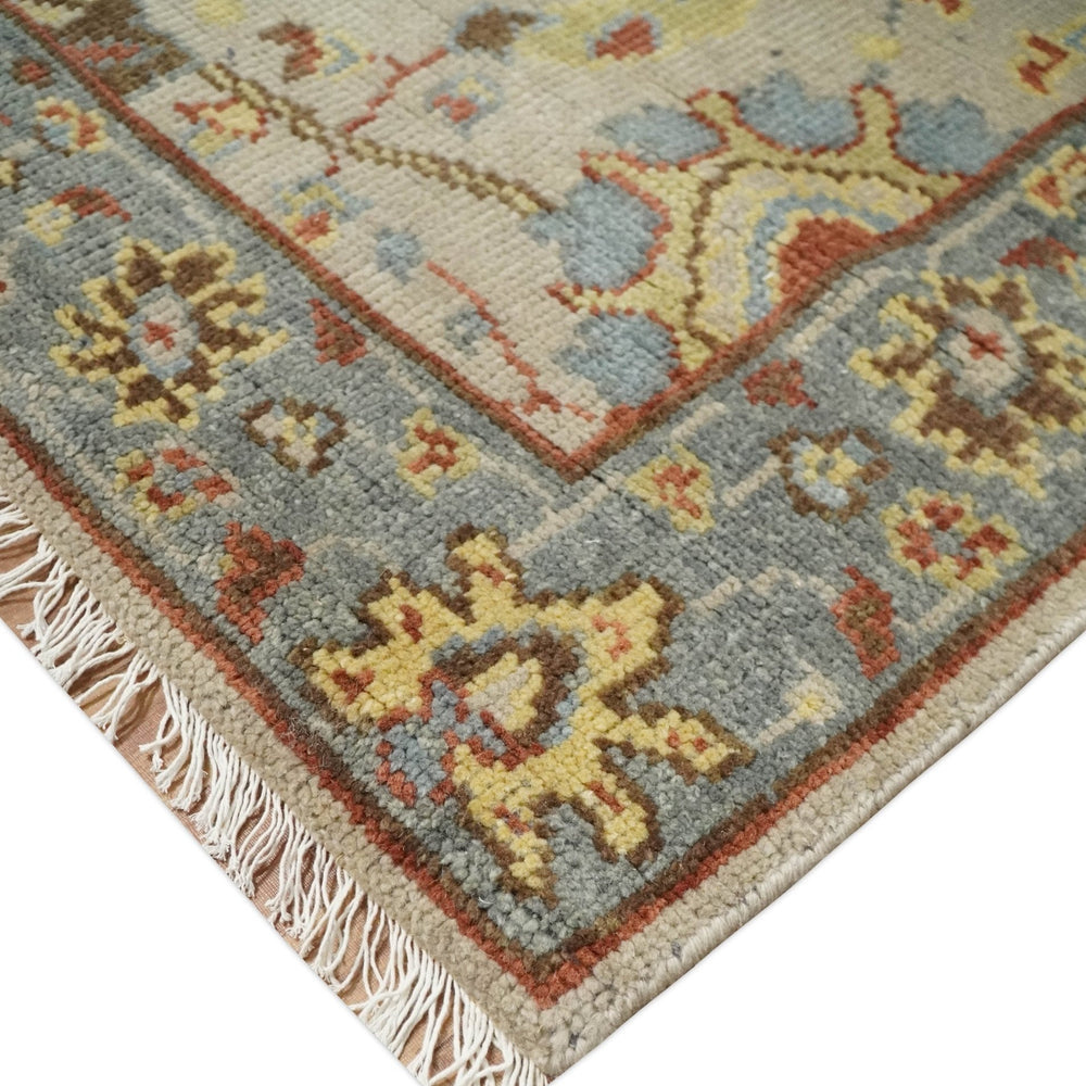 Custom Made Beige, Rust and Blue Traditional Style Hand Knotted Wool Area Rug