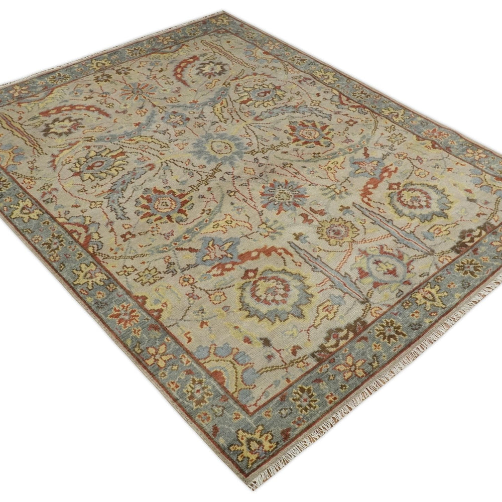 Custom Made Beige, Rust and Blue Traditional Style Hand Knotted Wool Area Rug