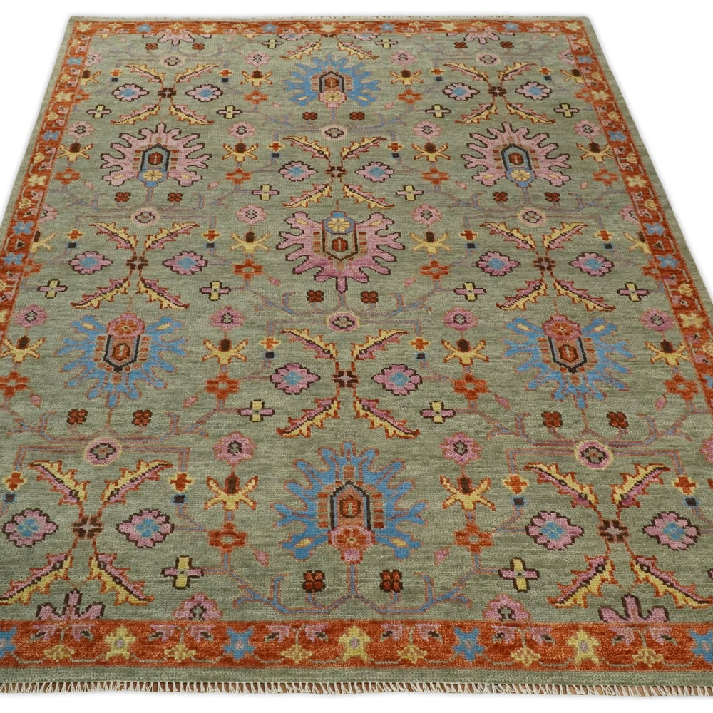 Vintage Style Rust, Pink and Blue Hand Knotted Traditional Oushak Multi Size wool Area Rug