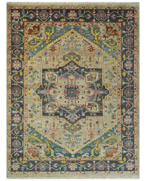 Custom Made Hand Knotted Camel and Charcoal Traditional Heriz Wool Rug