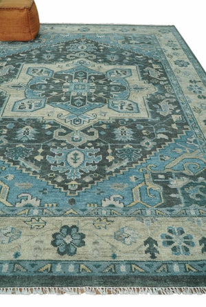 Antique look Hand Knotted Beige and Blue Traditional Heriz Wool Area Rug