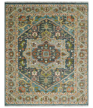 Hand Knotted Charcoal, Camel and Teal Traditional Heriz Multi size Wool Area Rug