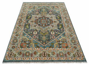 Hand Knotted Charcoal, Camel and Teal Traditional Heriz Multi size Wool Area Rug