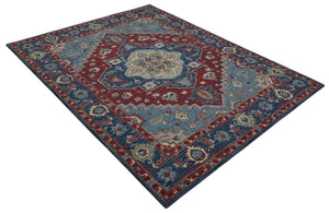 Antique look Maroon and Blue Hand Tufted Traditional Medallion wool Area Rug