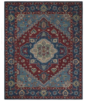 Antique look Maroon and Blue Hand Tufted Traditional Medallion wool Area Rug