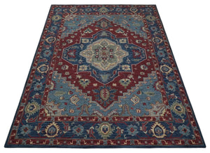 Antique look Maroon and Blue Hand Tufted Traditional Medallion wool Area Rug
