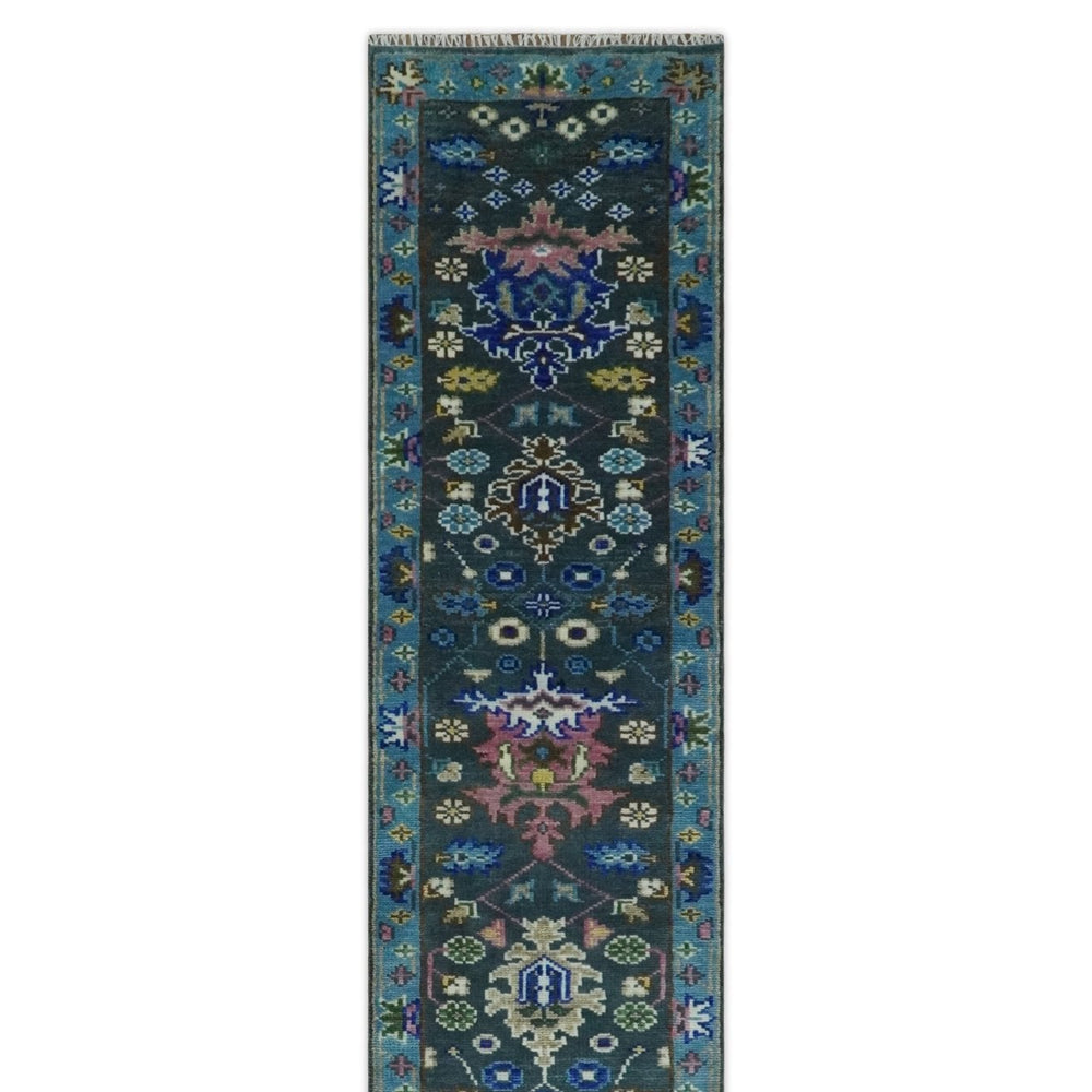 Custom Made Runner Charcoal, Green And Blue Turkish Design Hand Knotted Wool Rug