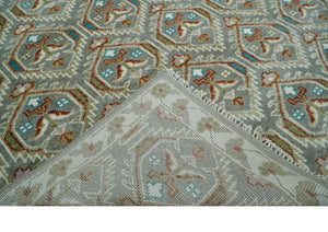 Antique look Traditional Hand Knotted Silver, Ivory and Rust Wool Area Rug
