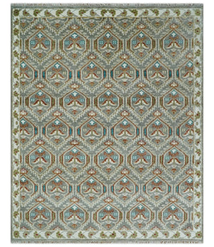 Antique look Traditional Hand Knotted Silver, Ivory and Rust Wool Area Rug