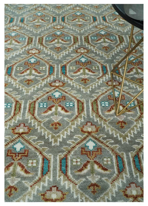 Antique look Traditional Hand Knotted Silver, Ivory and Rust Wool Area Rug