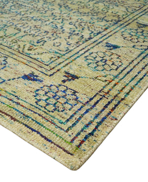 8x10 Hand Knotted Beige and Blue Persian made of Recycled Silk Area Rug