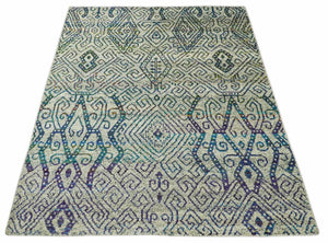 8x10 Hand Knotted Beige and Blue Persian Recycled Silk Area Rug