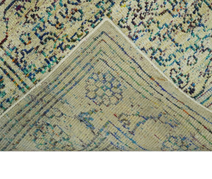 8x10 Hand Knotted Beige, Ivory and Blue Persian Recycled Silk Area Rug