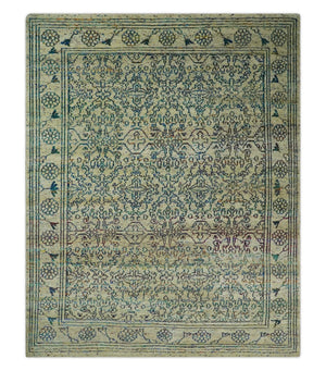 8x10 Hand Knotted Beige, Ivory and Blue Persian Recycled Silk Area Rug