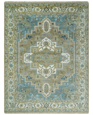 Antique Olive And Blue Traditional Heriz Multi Size Wool Area Rug