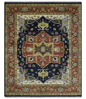 Blue and Rust Hand Knotted Traditional Heriz Style Multi Size Wool Area Rug