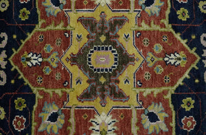 Blue and Rust Hand Knotted Traditional Heriz Style Multi Size Wool Area Rug