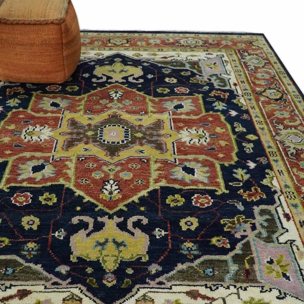Blue and Rust Hand Knotted Traditional Heriz Style Multi Size Wool Area Rug