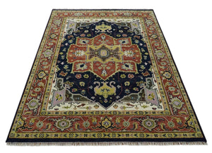 Blue and Rust Hand Knotted Traditional Heriz Style Multi Size Wool Area Rug