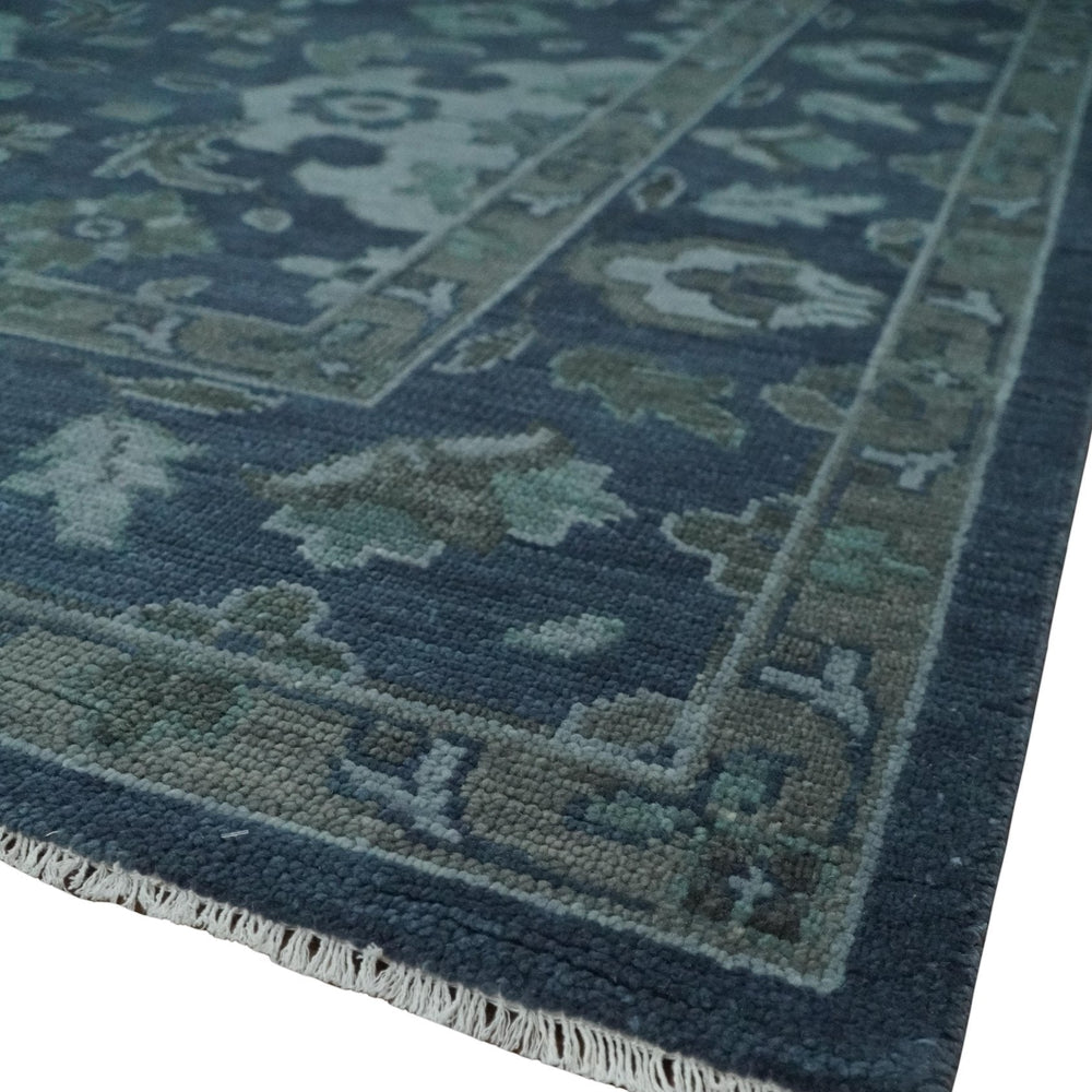 Antique Blue and Silver Traditional Hand Knotted Vintage Oushak Wool Rug, Living Room Rug