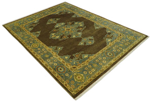 Antique Brown and Blue 8x10 Hand Knotted Medallion Wool Area Rug