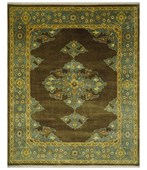 Antique Brown and Blue 8x10 Hand Knotted Medallion Wool Area Rug