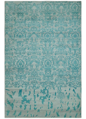 Antique design 6.5x10 Silver and Blue Traditional Hand Knotted wool Area Rug