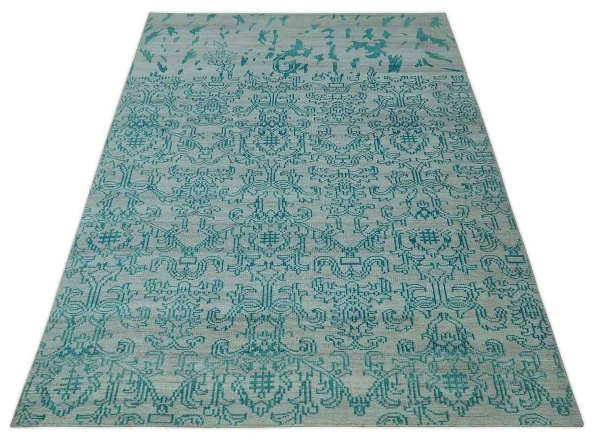 Antique design 6.5x10 Silver and Blue Traditional Hand Knotted wool Area Rug