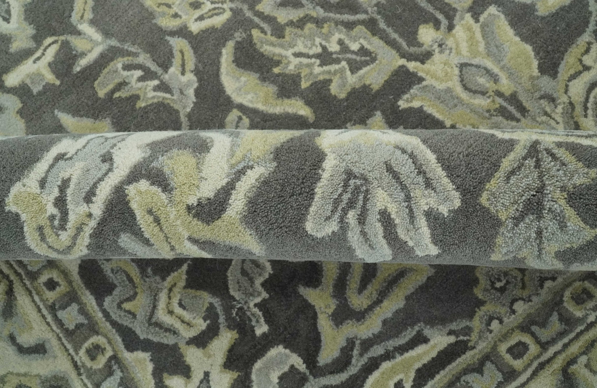 Antique Design 8x10 Charcoal and Beige Traditional Floral Hand Tufted rug