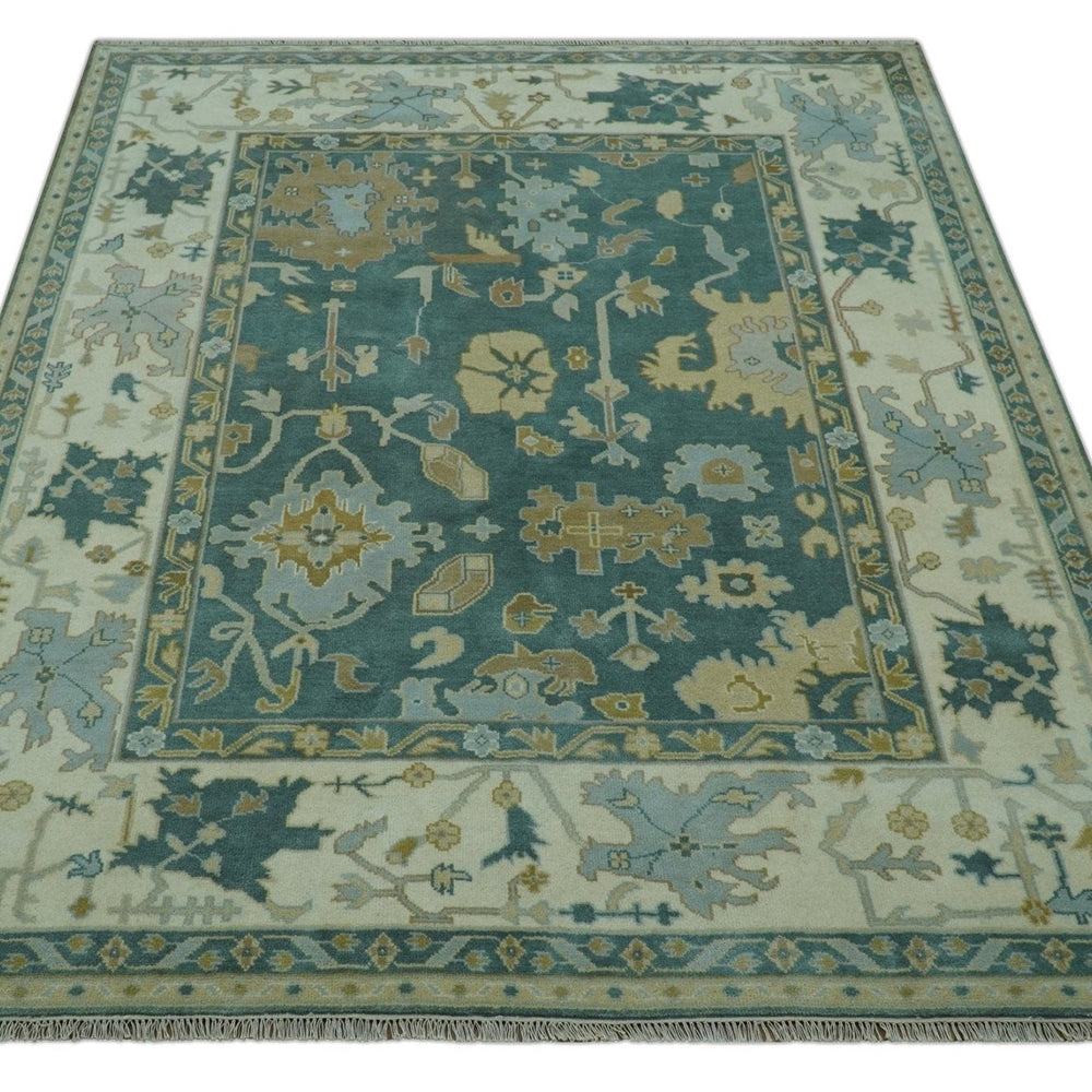 Antique Style Hand Knotted Teal and Ivory Oushak Multi Size wool Rug