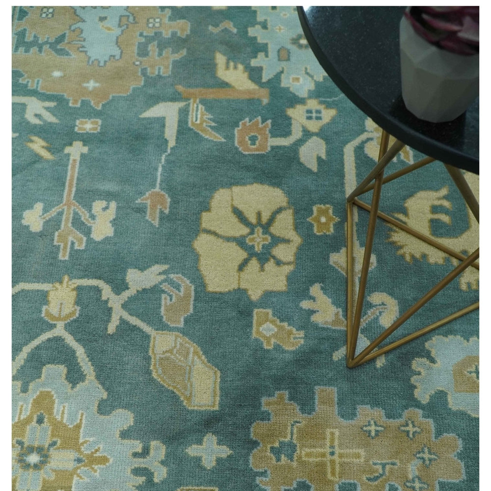 Antique Style Hand Knotted Teal and Ivory Oushak Multi Size wool Rug