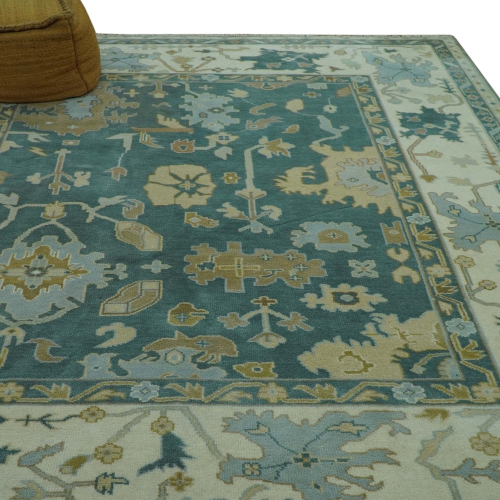 Antique Style Hand Knotted Teal and Ivory Oushak Multi Size wool Rug