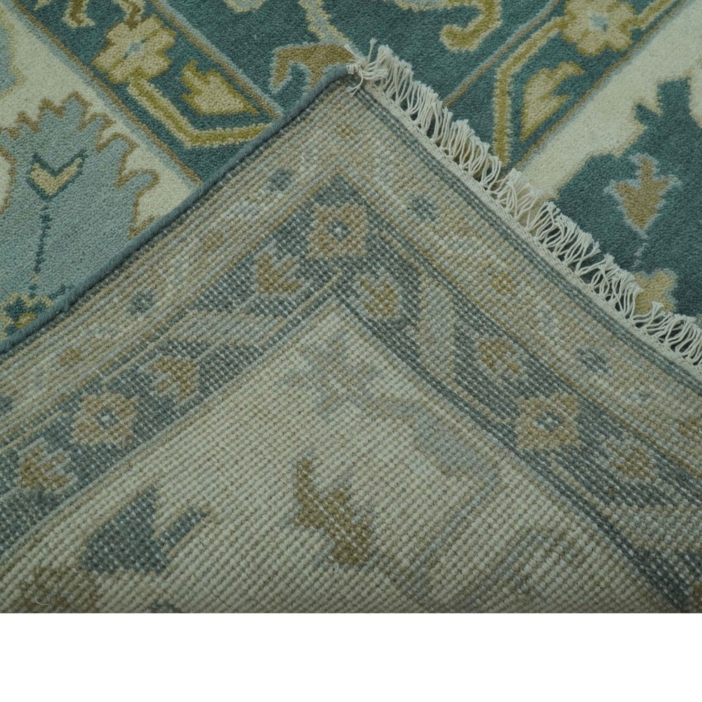 Antique Style Hand Knotted Teal and Ivory Oushak Multi Size wool Rug
